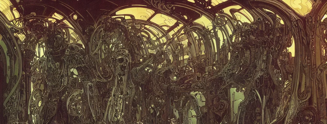 Image similar to doom, elden ring themed cinematic shot of the interior of a sf spaceship made with biomechanical architecture and highly advanced technology, intricate linework, style of moebius comic art, alphonse mucha, h. r. giger