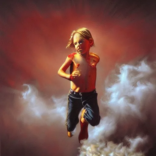 Image similar to a running child disappearing into vapor, mist, smoke, blood, scissors in hand, a detailed matte painting by Jason Edmiston