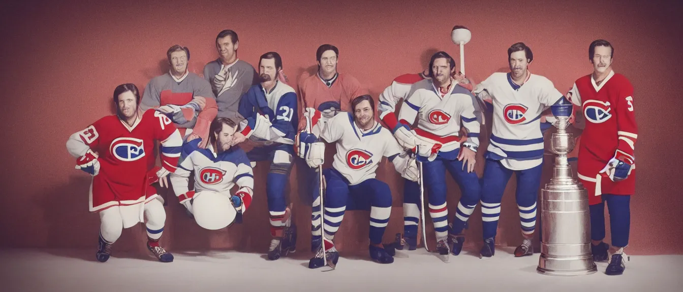 Prompt: vogue photoshoot octane render of 1 9 7 0 s habs players with white background and stanley cup, focus bright colorful pastel exotic vintage boutique hotel lounge, very short depth of field, bokeh
