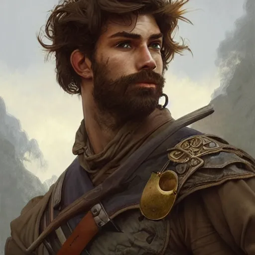 Prompt: portrait of a young rugged ranger with exposed muscular thighs, handsome, hairy torso, D&D, fantasy, intricate, elegant, highly detailed, digital painting, artstation, concept art, matte, sharp focus, illustration, art by Artgerm and Greg Rutkowski and Alphonse Mucha