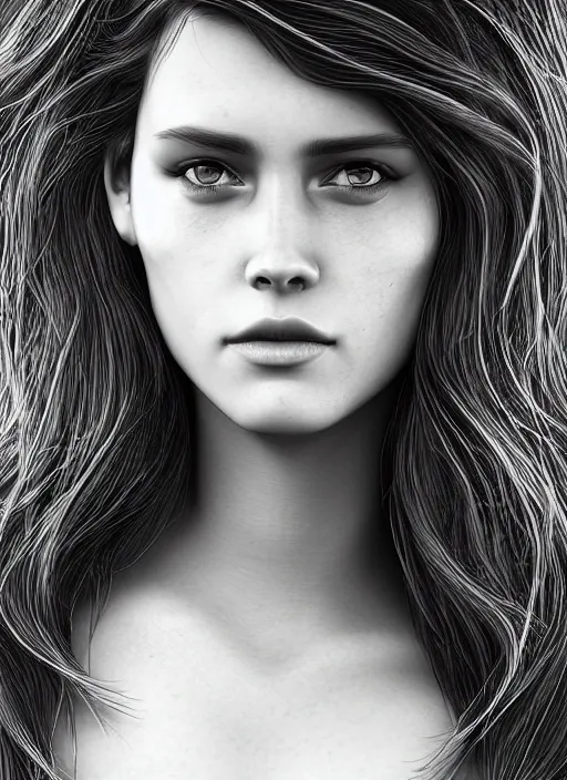 Image similar to up close portrait of a beautiful woman in black and white, photorealistic, intricate hair, art by diego fazio and diegoKoi and oscar Ukono, concept art, sharp focus, artgerm, 8k highly detailed