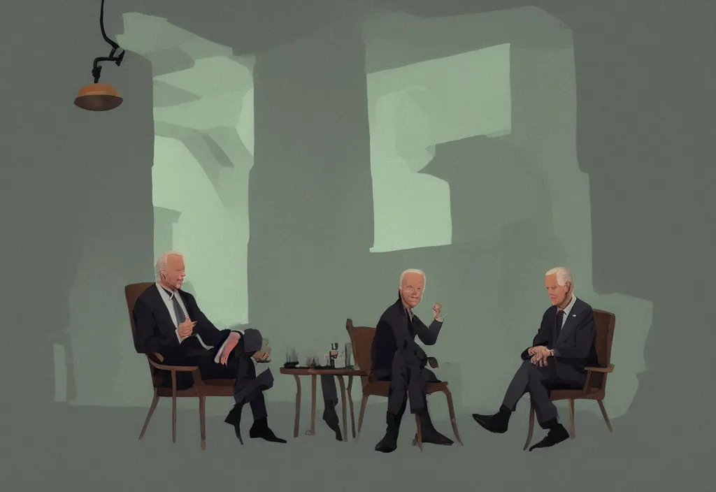 Prompt: portrait of joe biden talking with anya taylor - joy, epic debates, presidental elections candidates, cnn, fox news, fantasy, by atey ghailan, by greg rutkowski, by greg tocchini, by james gilleard, by joe gb fenton, dynamic lighting, gradient light green, brown, blonde cream, salad and white colors in scheme, grunge aesthetic