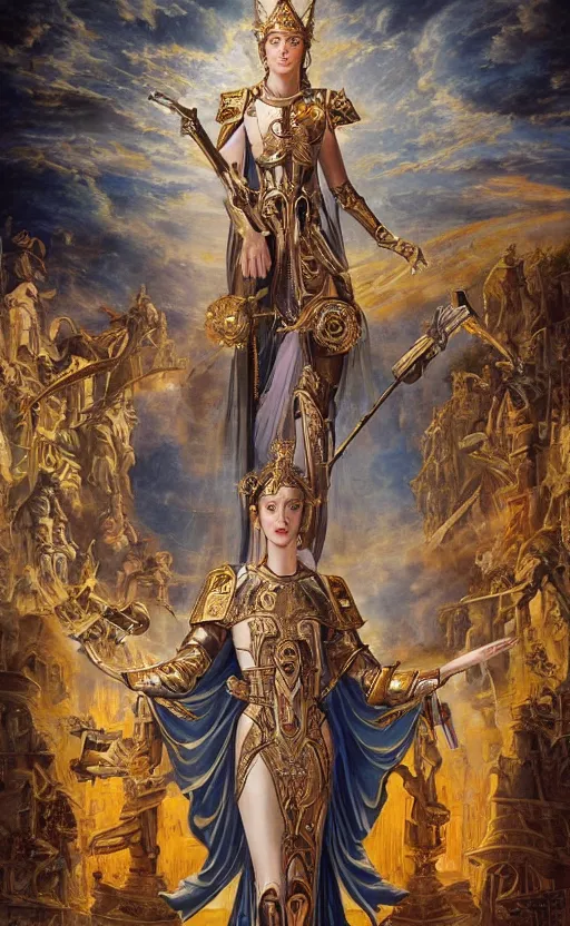 Prompt: mural of a beautiful young cyborg queen, stunning royal gown, golden sci fi royal staff, reaching towards the heavens, sci fi world, highly detailed holy imagery, renaissance mural, in the style of sandro boticceli