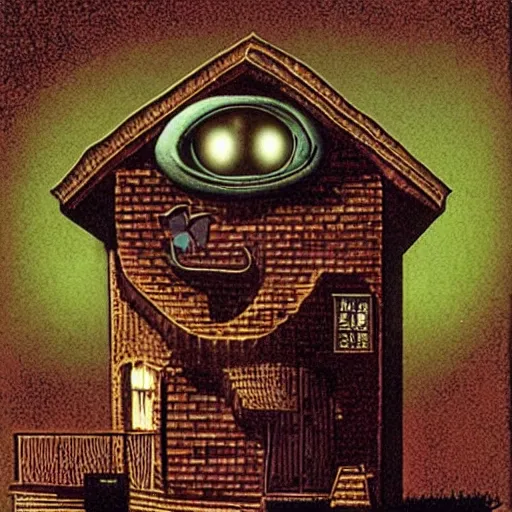 Prompt: a house with a face, looking surprised, by richard corben. pulp horror art