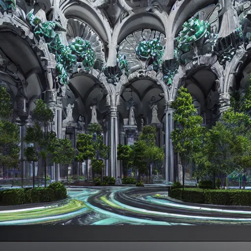 Prompt: technological cathedral dedicated to stable diffusion made of dark grey marble covered with mirror and colourful vegetation with veining and highly detailed ornaments extruding the complex surface, photorealistic, cinematic lighting, mockumentary, volumetric lights quality environment, next gen rendering, nvidia, redshift, houdini