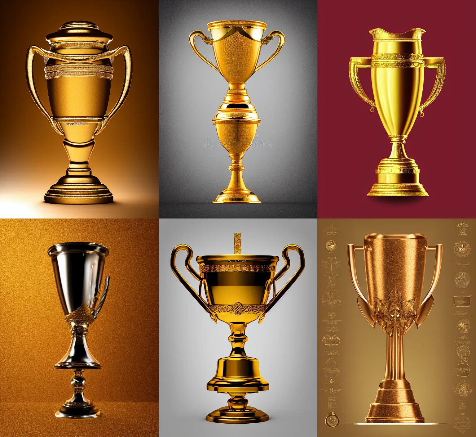 Prompt: “ golden chalice, champion, wining, award, front, center view, white background, render corona, redshift render, photo, realistic, hyper realistic, studio light, stock color, bright, detailed, organic form ”