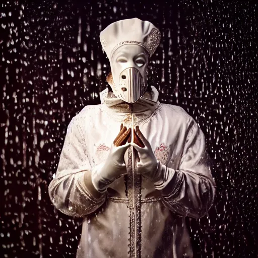 Prompt: portrait of a male dancer with a beautiful porcelain face dressed in a venecian mask, gloves on spread hands, rain, bokeh, cinematic light and reflections, beautiful dreamy lighting, ernst haeckel, annie leibovitz, zbrush,