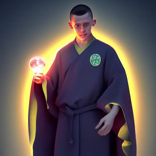 Prompt: Phil Foden wearing monk robes holding a glowing orb. Trending on Artstation, octane render, ultra detailed, art by Ross tran