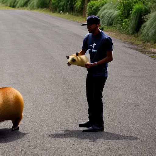 Prompt: an award winning photo of lewis hamilton holding a capybara, 4 k