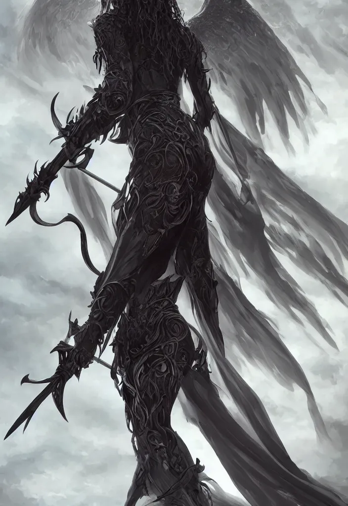 Prompt: towering female angel of death spear looking down at the camera, dramatic lighting, upshot, long curly dark hair, huge curving scythe, fantasy artstation, cgsociety, anatomical, 8 k, magical, award winning cinematography