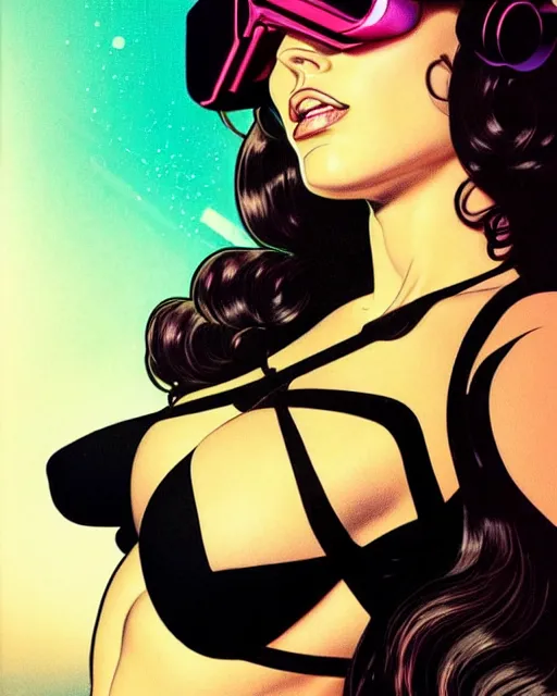 Image similar to low angle closeup very seductive megan fox retro scifi goddess pinup, vr goggles, action glamour pose, windblown dark hair, hyper detailed, digital art, studio lighting, smooth, ambient lighting, sharp focus, frank miller, wlop, fritz willis, anna dittmann, moebius!, alphonse mucha, patrick nagle!!!, rim lighting, synthwave