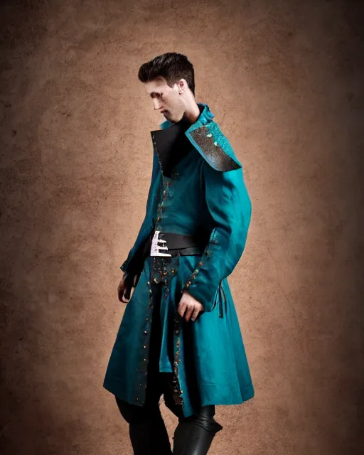 Prompt: an award - winning photo of a male model wearing a plain baggy teal distressed medieval designer menswear cloth jacket slightly inspired by medieval armour designed by raf simons, 4 k, studio lighting, wide angle lens