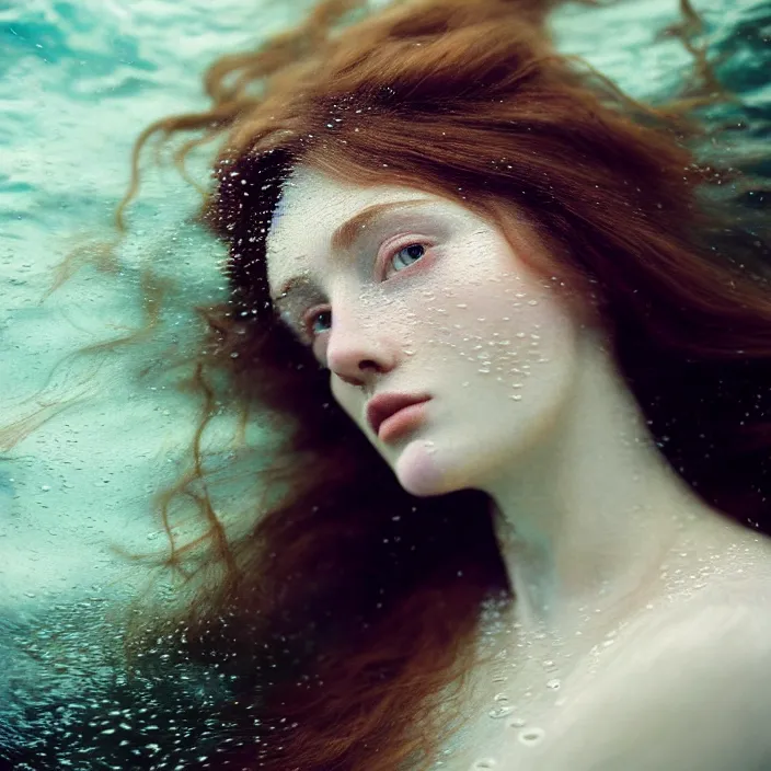 Image similar to Kodak Portra 400, 8K,ARTSTATION, Caroline Gariba, soft light, volumetric lighting, highly detailed, britt marling style 3/4 , extreme Close-up portrait photography of a beautiful woman how pre-Raphaelites,inspired by Ophelia paint, the face emerges from water of Pamukkale, underwater face, hair are intricate with highly detailed realistic beautiful flowers , Realistic, Refined, Highly Detailed, interstellar outdoor soft pastel lighting colors scheme, outdoor fine art photography, Hyper realistic, photo realistic