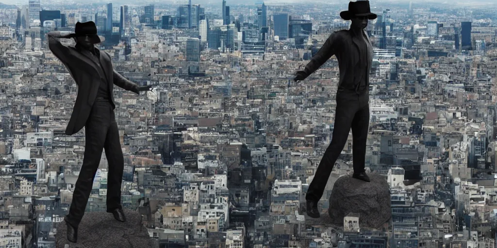 Prompt: extremely massive 3 d stone statue landmark of michael jackson billie jean pose with hat tower over a city full wide shot, full body, massive motion blur, real life, spotted, leaked, ultra realistic, accurate, sighting, 4 k, movie still, uhd, sharp, detailed, cinematic, render, modern