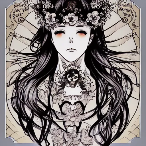 Image similar to anime manga skull portrait young woman hair floral crown fairytale comic jim lee skeleton illustration style by Alphonse Mucha warhol pop art nouveau