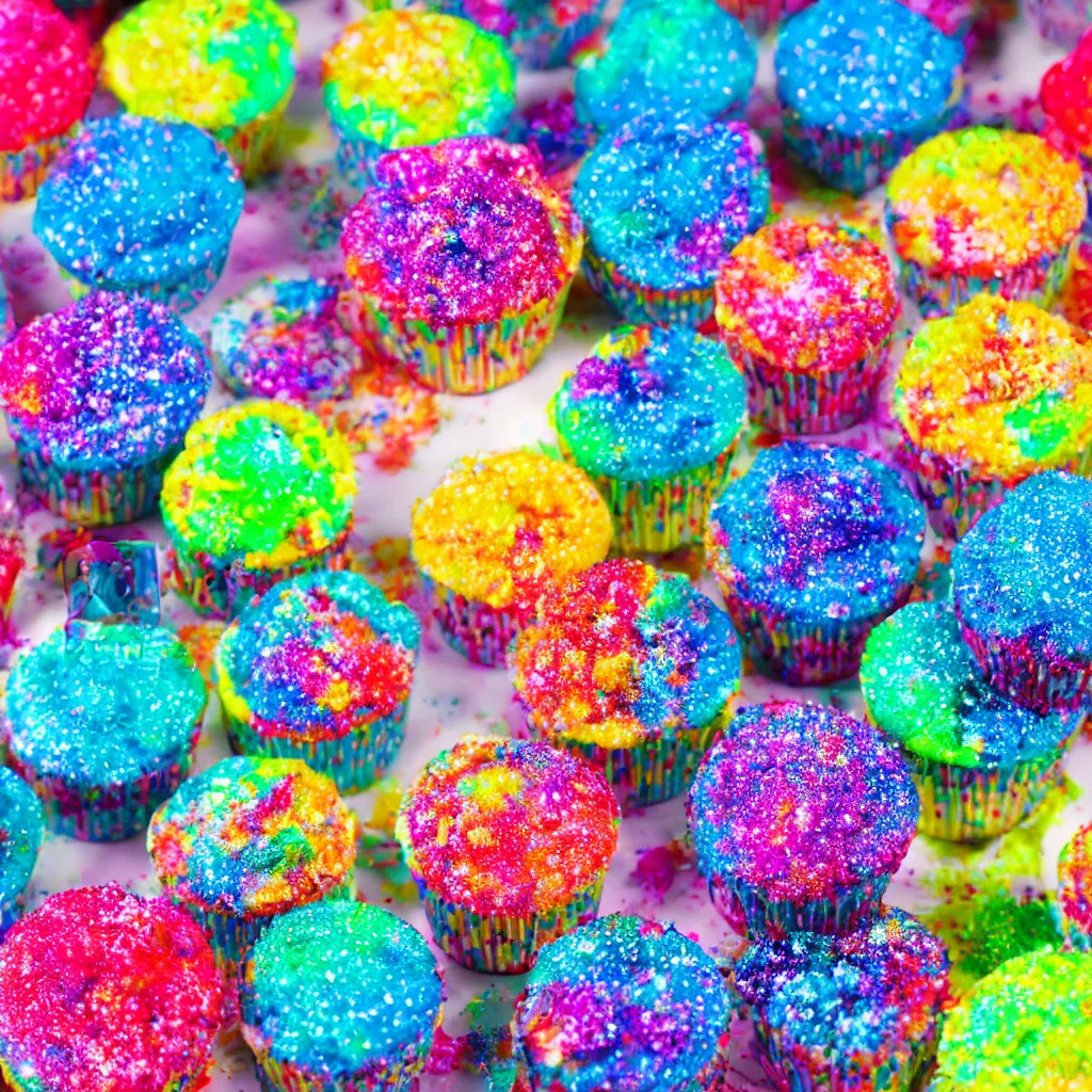 Image similar to colourful macro photo of galaxy cupcakes, photorealistic, dynamic lighting, bokeh, Zeiss 100mm lens