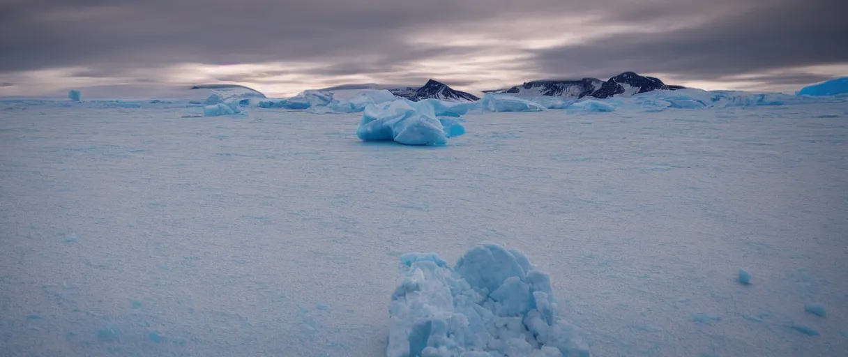 Image similar to a high quality color extreme closeup depth of field creepy hd 4 k film 3 5 mm photograph vista point pov of mcmurdoch station in antarctica at the beginning of sunset