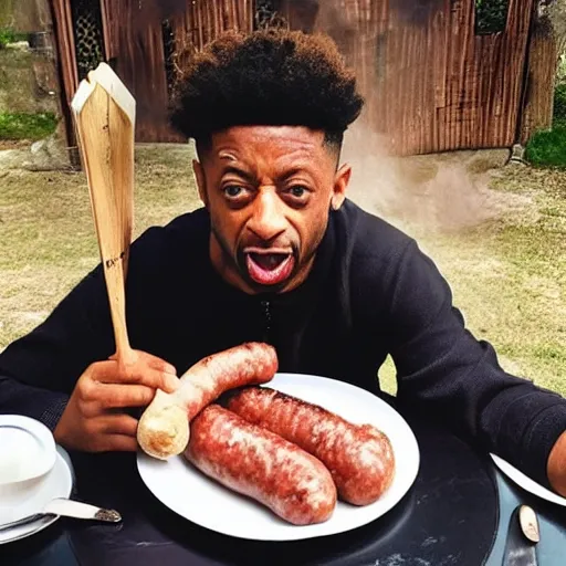 Image similar to “ 2 1 savage eating sausage, award winning pork, actual photo from 1 0 5 6 ad ”