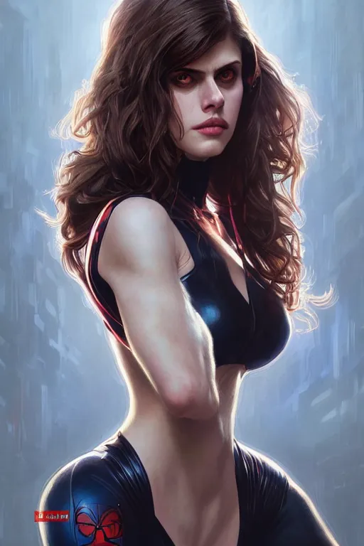 Prompt: alexandra daddario as spider girl, realistic portrait, symmetrical, highly detailed, digital painting, artstation, concept art, smooth, sharp focus, illustration, cinematic lighting, art by artgerm and greg rutkowski and alphonse mucha