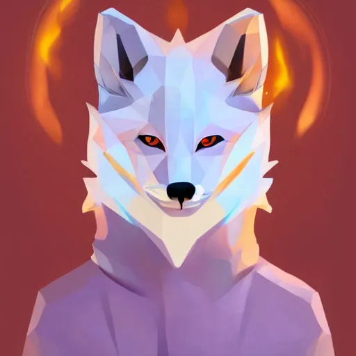Image similar to aesthetic albino fox fursona portrait, commission of a anthropomorphic lion on fire, fursona wearing stylish clothes, winter armosphere, pastel simple art, low poly
