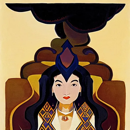 Prompt: an illustration of an ivory skin with dark curly hair queen on a throne, by nicholas roerich, by frank frazetta by georgia o keeffe by frederick william elwell, by hans emmenegger, by eyvind earle highly detailed, realistic, outline, line work, fantasy, oriental, stylised flat colors, animation