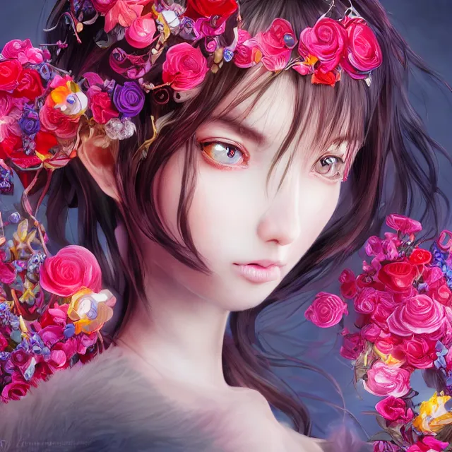 Image similar to studio portrait absurdly beautiful, elegant, graceful, young hypercolorful sensual anime teen rubies red petals gems, ultrafine hyperrealistic detailed face illustration by kim jung gi, irakli nadar, intricate linework, sharp focus, bright colors, matte, octopath traveler, final fantasy, unreal engine highly rendered, global illumination, radiant light, intricate rainbow environment