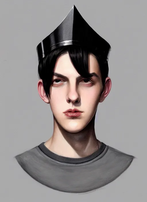 Image similar to portrait of teenage jughead jones wearing a light grey crown, photorealistic, crown, eyes closed, crown, black hair, intricate, elegant, glowing lights, highly detailed, digital painting, artstation, concept art, smooth, sharp focus, illustration, art by wlop, mars ravelo and greg rutkowski