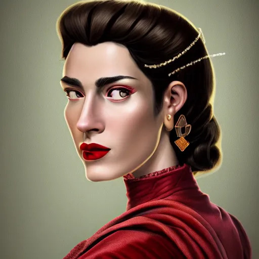 Image similar to A Crusader Kings II portrait of a Spanish young woman with high cheekbones. Good bone structure. Dressed in 1940s style. Highly detailed, fine Art, high detail, great lighting, 8k resolution, masterpiece, concept art, illustration, clear eyes, painting oil on canvas, octane render, HDR, trending on artstation, 4k, 8k, HD