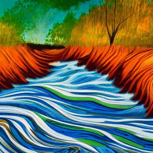 Image similar to a wild landscape painting filled with energy patterns rippling in all directions, mountains, rushing water, saturated colors