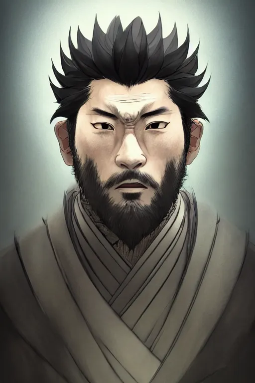 Prompt: face portrait of a handsome and rough ronin with a square jawline, short messy hair, and wearing a haori, by takashi takeuchi, studio ghibli, wlop, kyoto studio, samurai, extremely detailed shading, concept art, digital painting, trending on pixiv, unreal engine 5, octane render, atmosphere, glow, cinematic lighting, full of color