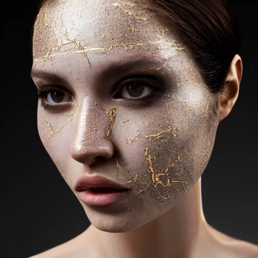 Image similar to fashion model face with cracked porcelain skin lines filled with gold in the kintsugi style, highly detailed