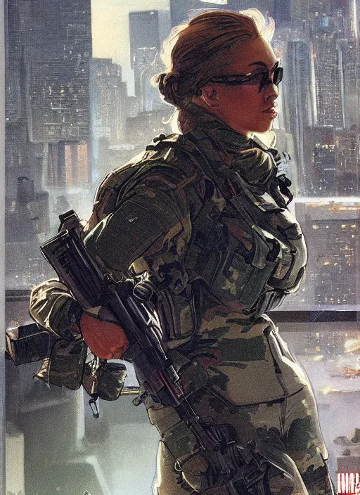 Image similar to Dinah. USN special forces operator looking at city skyline. rb6s Concept art by James Gurney and Alphonso Mucha.