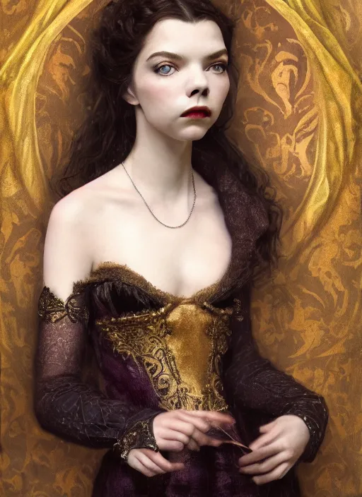 Prompt: a portrait of an elegant beautiful dark bohemian vampire woman, smooth face, glamour shot, (Anya Taylor-Joy), bored, illustration, dramatic lighting, soft details, painting oil on canvas, art nouveau, octane render, HDR, 4k, 8k, HD, by Edmund Blair Leighton, Brom, Charlie Bowater, trending on artstation,