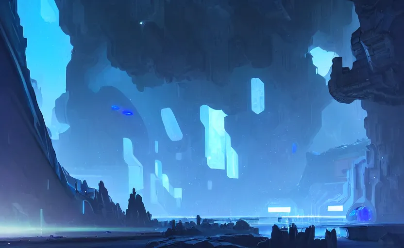 Prompt: futuristic factory in a dark cave, blue crystals, halo, star craft, concept art, mate painting, artstation frank hong