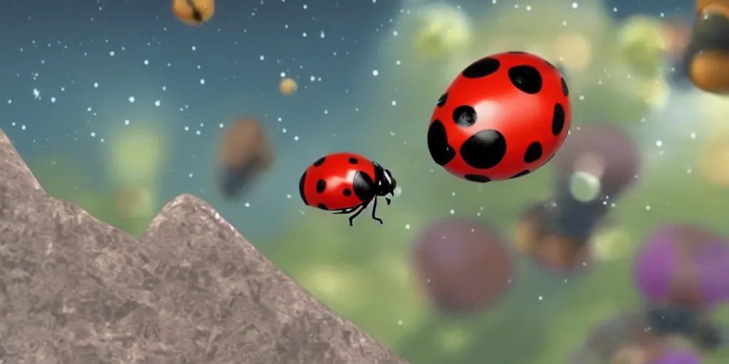 Image similar to a 3 d rendered movie still from a distance of 3 0 m of a ladybug 1 million years from now. the ladybug is sentient, wears tiny spacesuit, and conquered space exploration in a tiny space ship. science fiction blockbuster movie ladybugs rule the world, imax 7 0 mm. buzz lightyear.