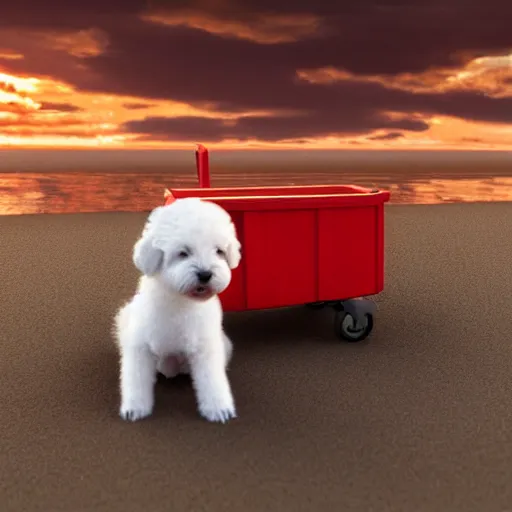 Prompt: a photorealistic photograph of a smiling white Bichon Frisé puppy pulling a little red wagon full to the brim with french fries during sunset at the beach Trending on Artstation, featured on Behance, well-rendered, Unreal Engine, 4K HD