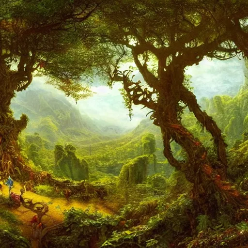 Image similar to a beautiful and highly detailed epic oil painting of a lush valley in the mountains, beautiful trees, tangled vines, ancient runes, intricate details, epic scale, insanely complex, 8 k, sharp focus, hyperrealism, fantasy landscape, psychedelic, by caspar friedrich and brian froud, albert bierstadt,