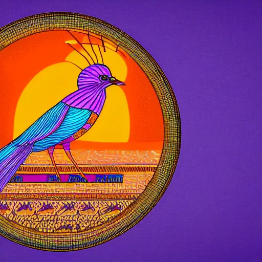 Prompt: phoenix salt bird round composition rebirth orange purple symbolism swirl tail feather graphic design Egyptian style