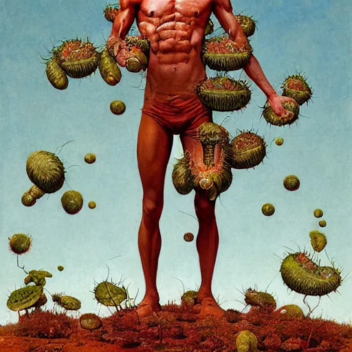 Image similar to Ripped Physique Portrait of a Venus Flytrap Guy wearing a Venus Flytrap costume plant disguised as a human standing atop a red clay pot greg rutkowski anna podedworna arthur rackham salvador dali octavio ocampo jacek yerka winslow homer norman rockwell inio asano prismacolor tombow quill