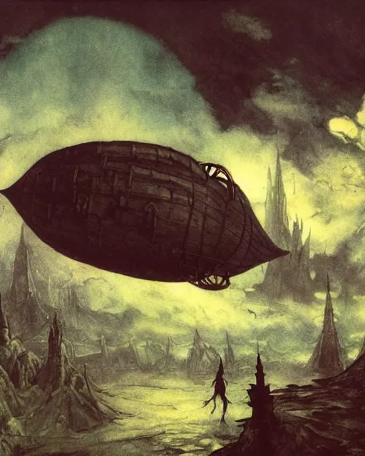 Image similar to Fantasy village, view of the sky above. The sky is completely covered to the horizon by an incredibly huge airship-like ship. The ship flies among the clouds. Dark colors, extremely high detail, realistic, dark fantasy art, masterpiece, 8k, octane rendering, Arthur Rackham painting, art by Victoria Frances, Frank Frazetta.