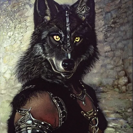 Prompt: detailed portrait of an anthro female black wolf as zarya from overwatch as a powerful medieval warrior wearing iron chainmail, intricate, hyper detailed, realistic, oil painting, by john atkinson grimshaw, milo manara, cinematic ligh