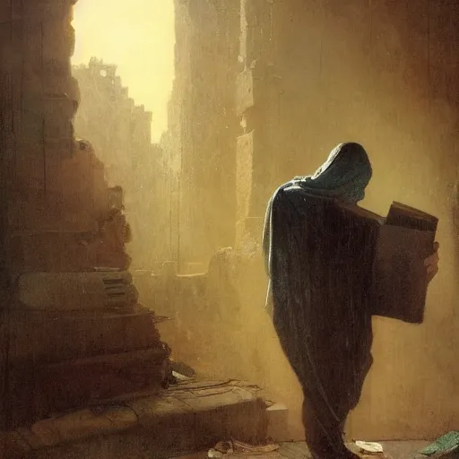 Image similar to half portait of magican wearing a cowl with big old book!, jeremy mann, jean leon gerome, tiepolo, alphonse mucha, greg rutkowski, face in the shadows, ( ( ruins of ancient rome ) ), at dusk, mysterious atmosphere, sunrays, dof, masterpiece, high detailed, 8 k