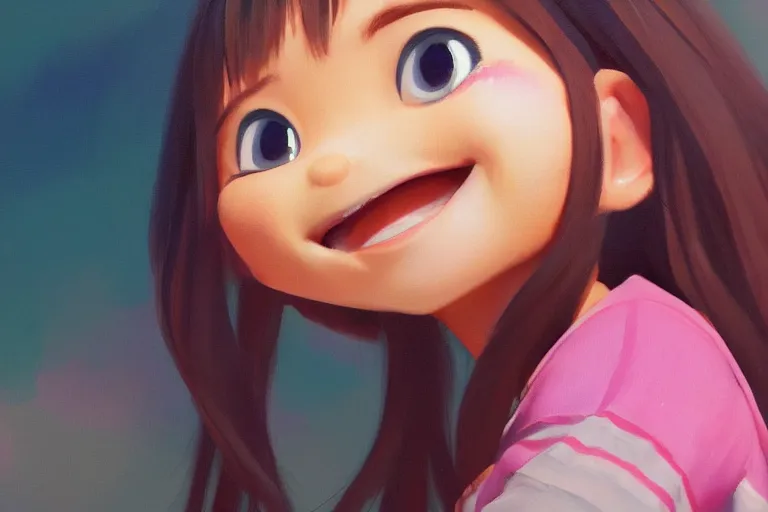 Prompt: a painting of cute Asian girls smiling, in the style of Pixar animation, low angle view, 16mm lens, award winning, hyper detailed, dramatic lighting, artstation, octane renderer, unreal engine