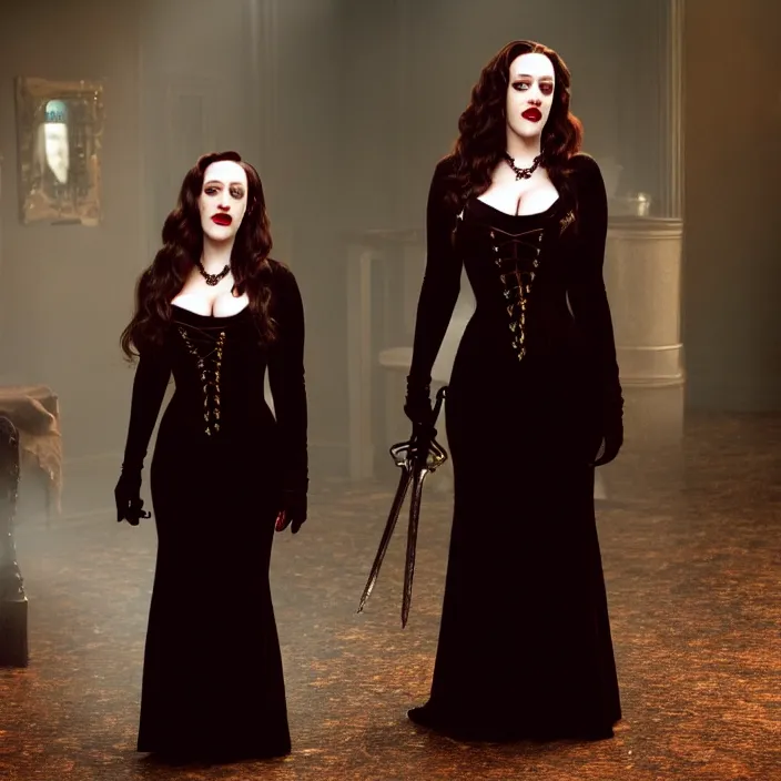 Prompt: full body photograph of kat dennings as a vampire queen. Extremely detailed. 8k