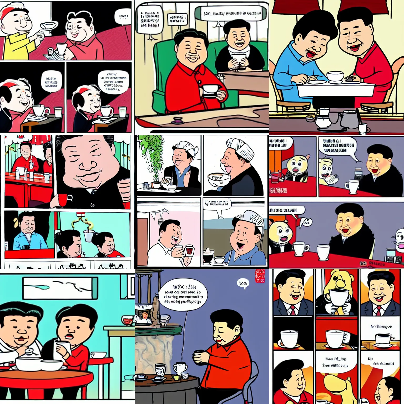 Prompt: Xi Jinping drinking a coffee with winnie puuh, comic style