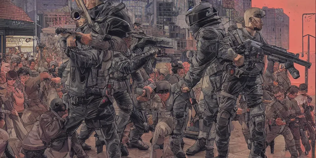 Prompt: Mall cops vs ninja assassins. Epic painting by James Gurney and Laurie Greasley.