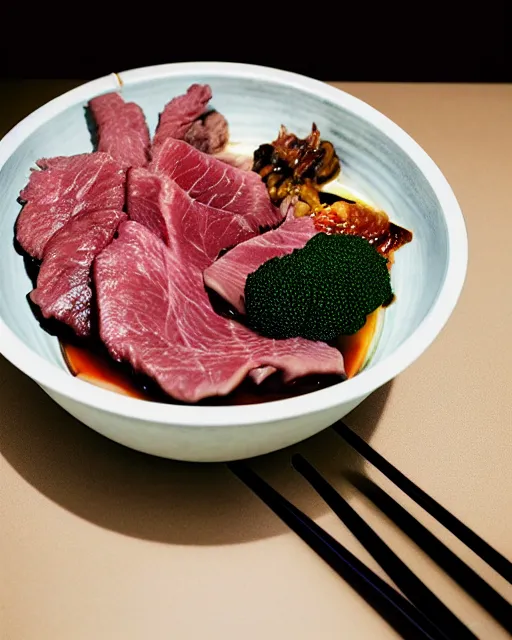 Prompt: realistic photo of delicious yakiniku, bowl, soja, white kitchen table, cloth, marble, highly detailed, by louise lister, sara ali, mary devinat, kailee mandel, masterpiece, award winning, food photography