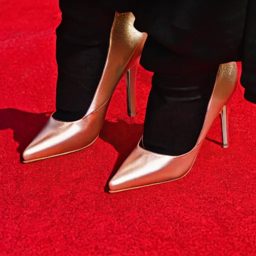 Prompt: close-up photo, 1/1000, taking off rose gold high heel, red carpet