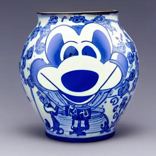 Prompt: a delft blue vase with a happy mickey mouse meth depicted on it ; extremely detailed