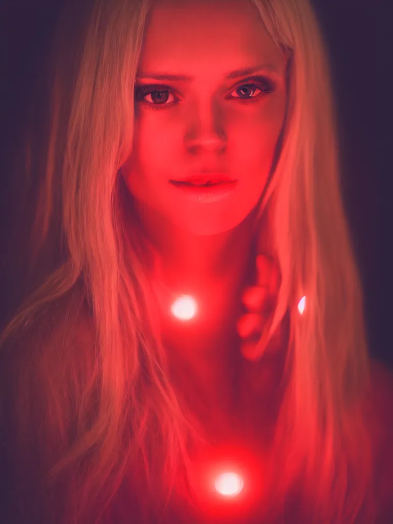 Prompt: photograph of a pretty blond woman illuminated with red light, soft light, night